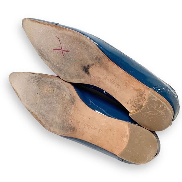 Manolo Blahnik PETUNIA Brogue Patent Leather Blue Tuxedo Ballet Flats Women’s 37 - Picture 8 of 9
